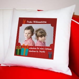 Wuderschönes Weihnachtsgeschenk: ein bedrucktes Kissen mit Foto und Weihnachtsgruß